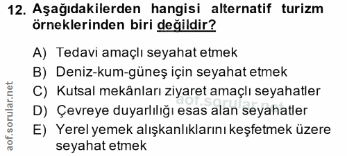 12. soru: Aşağıdakilerden hangisi alternatif turizm örneklerinden biri değildir? A) Tedavi amaçlı seyahat etmek B) Deniz-kum-gü…