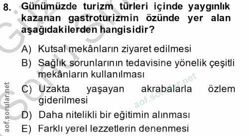8. soru: Günümüzde turizm türleri içinde yaygınlık kazanan gastroturizmin özünde yer alan aşağıdakilerden hangisidir? A) Kutsa…
