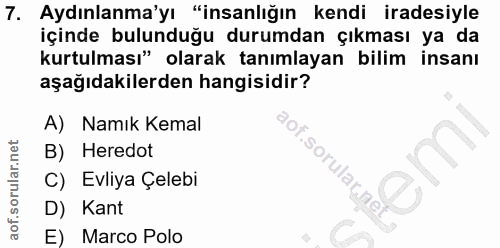 7. soru: Aydınlanma'yı "insanlığın kendi iradesiyle içinde bulunduğu durumdan çıkması ya da kurtulması" olarak tanımlayan bili…