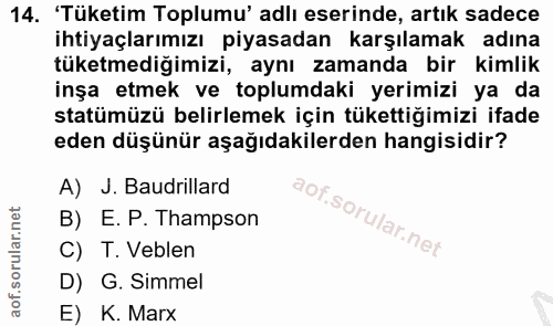 14. soru: 'Tüketim Toplumu' adlı eserinde, artık sadece ihtiyaçlarımızı piyasadan karşılamak adına tüketmediğimizi, aynı zamand…