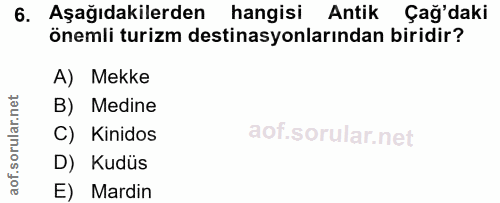 6. soru: Aşağıdakilerden hangisi Antik Çağ'daki önemli turizm destinasyonlarından biridir? A) Mekke B) Medine C) Kinidos D) Ku…