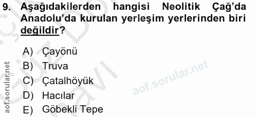 9. soru: Aşağıdakilerden hangisi Neolitik Çağ'da Anadolu'da kurulan yerleşim yerlerinden biri değildir? A) Çayönü B) Truva C)…