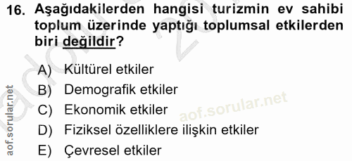 16. soru: Aşağıdakilerden hangisi turizmin ev sahibi toplum üzerinde yaptığı toplumsal etkilerden biri değildir? A) Kültürel et…