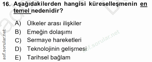 16. soru: Aşağıdakilerden hangisi küreselleşmenin en temel nedenidir? A) Ulkeler arası ilişkiler B) Emeğin dolaşımı D) Teknoloj…