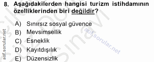 8. soru: Aşağıdakilerden hangisi turizm istihdamının özelliklerinden biri değildir? A) Sınırsız sosyal güvence B) Mevsimsellik…