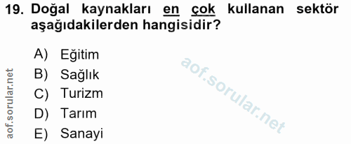 19. soru: Doğal kaynakları en çok kullanan sektör aşağıdakilerden hangisidir? A) Eğitim B) Sağlık C) Turizm D) Tarım E) Sanayi