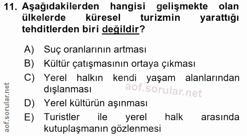 11. soru: Aşağıdakilerden hangisi gelişmekte olan ülkelerde küresel turizmin yarattığı tehditlerden biri değildir? A) Suç oranl…