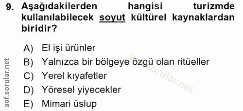 9. soru: Aşağıdakilerden hangisi turizmde kullanılabilecek soyut kültürel kaynaklardan biridir? A) El işi ürünler B) Yalnızca…