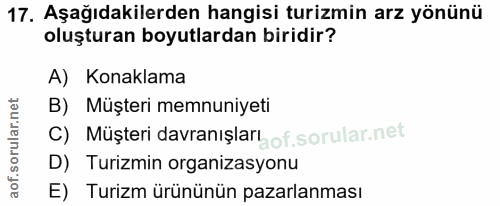 17. soru: Aşağıdakilerden hangisi turizmin arz yönünü oluşturan boyutlardan biridir? A) Konaklama B) Müşteri memnuniyeti C) Müş…