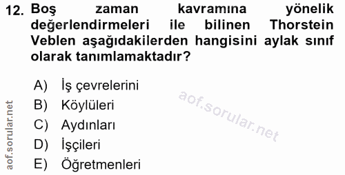 12. soru: Boş zaman kavramına yönelik değerlendirmeleri ile bilinen Thorstein Veblen aşağıdakilerden hangisini aylak sınıf olar…