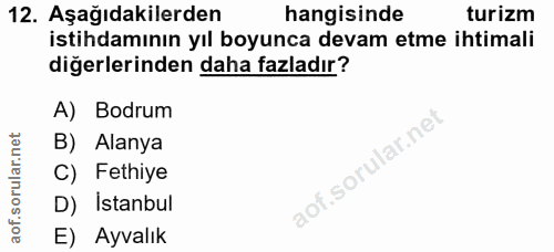 12. soru: Aşağıdakilerden hangisinde turizm istihdamının yıl boyunca devam etme ihtimali diğerlerinden daha fazladır? A) Bodrum…