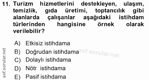 11. soru: Turizm hizmetlerini destekleyen, ulaşım, temizlik, gıda üretimi, toptancılık gibi alanlarda çalışanlar aşağıdaki isti…