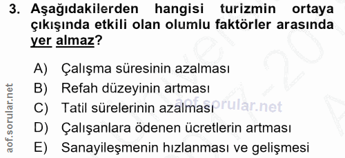 3. soru: Aşağıdakilerden hangisi turizmin ortaya çıkışında etkili olan olumlu faktörler arasında yer almaz? A) Çalışma süresin…
