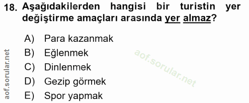 18. soru: Aşağıdakilerden hangisi bir turistin yer değiştirme amaçları arasında yer almaz? A) Para kazanmak B) Eğlenmek C) Dinl…