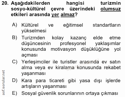 20. soru: Aşağıdakilerden hangisi turizmin sosyo-kültürel çevre üzerindeki olumsuz etkileri arasında yer almaz? A) Kültürel ve…
