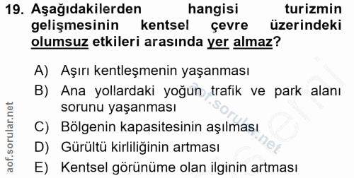 19. soru: Aşağıdakilerden hangisi turizmin gelişmesinin kentsel çevre üzerindeki olumsuz etkileri arasında yer almaz? A) Aşırı…