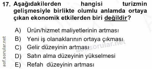 17. soru: Aşağıdakilerden hangisi turizmin gelişmesiyle birlikte olumlu anlamda ortaya çıkan ekonomik etkilerden biri değildir?…
