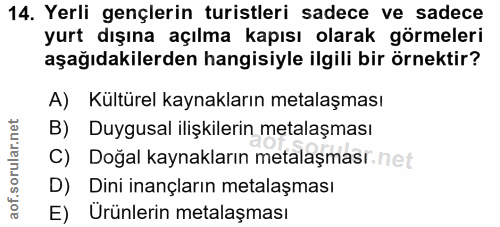 14. soru: Yerli gençlerin turistleri sadece ve sadece yurt dışına açılma kapısı olarak görmeleri aşağıdakilerden hangisiyle ilg…