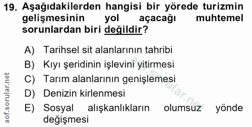 19. soru: Aşağıdakilerden hangisi bir yörede turizmin gelişmesinin yol açacağı muhtemel sorunlardan biri değildir? A) Tarihsel…