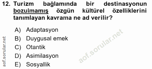 12. soru: Turizm bağlamında bir destinasyonun bozulmamış • özgün kültürel özelliklerini tanımlayan kavrama ne ad verilir? A) Ad…