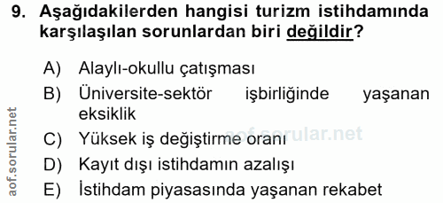 9. soru: Aşağıdakilerden hangisi turizm istihdamında karşılaşılan sorunlardan biri değildir? A) Alaylı-okullu çatışması B) Uni…