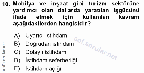 10. soru: Mobilya ve inşaat gibi turizm sektörüne yardımcı olan dallarda yaratılan işgücünü ifade etmek için kullanılan kavram…