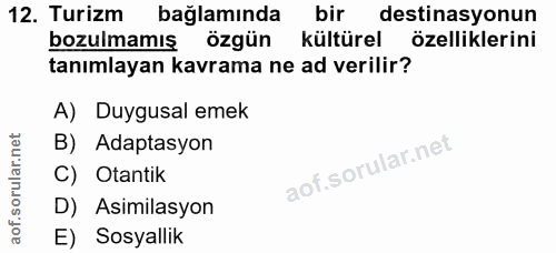 12. soru: Turizm bağlamında bir destinasyonun bozulmamış özgün kültürel özelliklerini tanımlayan kavrama ne ad verilir? A) Duyg…