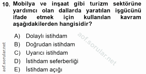 10. soru: Mobilya ve inşaat gibi turizm sektörüne yardımcı olan dallarda yaratılan işgücünü ifade etmek için kullanılan kavram…