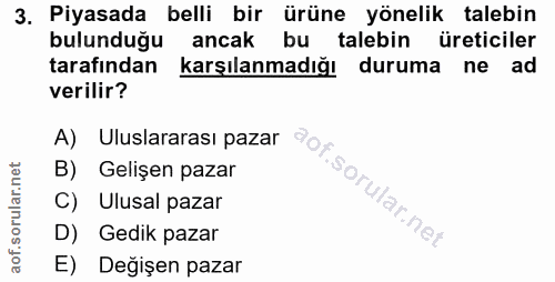 3. soru: Piyasada belli bir ürüne yönelik talebin bulunduğu ancak bu talebin üreticiler tarafından karşılanmadığı duruma ne ad…