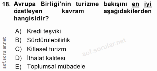 18. soru: Avrupa Birliği'nin turizme bakışını en iyi özetleyen kavram aşağıdakilerden hangisidir? A) Kredi teşviki B) Sürdürüle…