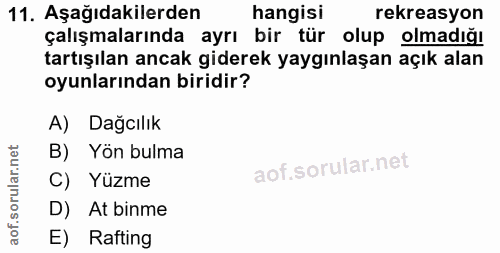 11. soru: Aşağıdakilerden hangisi rekreasyon çalışmalarında ayrı bir tür olup olmadığı tartışılan ancak giderek yaygınlaşan açı…
