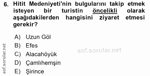 6. soru: Hitit Medeniyeti'nin bulgularını takip etmek isteyen bir turistin öncelikli olarak aşağıdakilerden hangisini ziyaret…