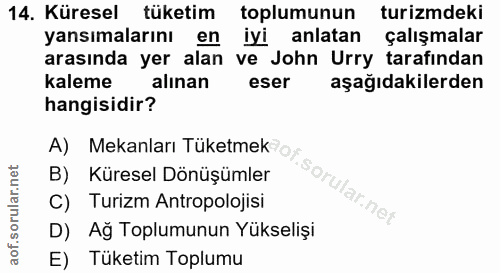 14. soru: Küresel tüketim toplumunun turizmdeki yansımalarını en iyi anlatan çalışmalar arasında yer alan ve John Urry tarafınd…