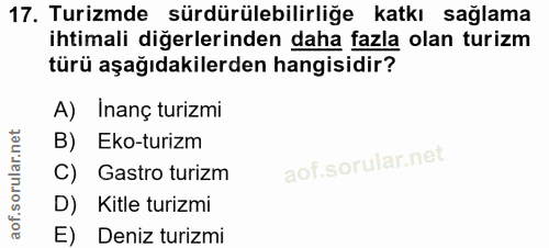 17. soru: Turizmde sürdürülebilirliğe katkı sağlama ihtimali diğerlerinden daha fazla olan turizm türü aşağıdakilerden hangisid…