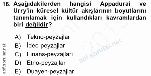 16. soru: Aşağıdakilerden hangisi Appadurai ve Urry'in küresel kültür akışlarının boyutlarını tanımlamak için kullandıkları kav…