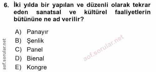 6. soru: İki yılda bir yapılan ve düzenli olarak tekrar eden sanatsal ve kültürel faaliyetlerin bütününe ne ad verilir? A) Pan…