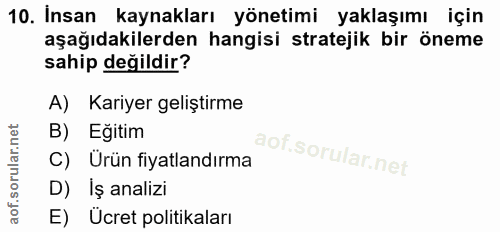 10. soru: İnsan kaynakları yönetimi yaklaşımı için aşağıdakilerden hangisi stratejik bir öneme sahip değildir? A) Kariyer geliş…