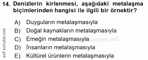 14. soru: Denizlerin kirlenmesi, aşağıdaki metalaşma biçimlerinden hangisi ile ilgili bir örnektir? A) Duyguların metalaşmasıyl…