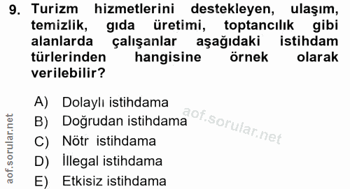 9. soru: Turizm hizmetlerini destekleyen, ulaşım, temizlik, gıda üretimi, toptancılık gibi alanlarda çalışanlar aşağıdaki isti…