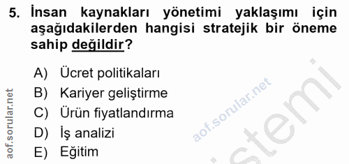 5. soru: İnsan kaynakları yönetimi yaklaşımı için aşağıdakilerden hangisi stratejik bir öneme sahip değildir? A) Ücret politik…