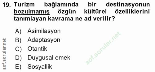 19. soru: Turizm bağlamında bir destinasyonun bozulmamış özgün kültürel özelliklerini tanımlayan kavrama ne ad verilir? A) Asim…