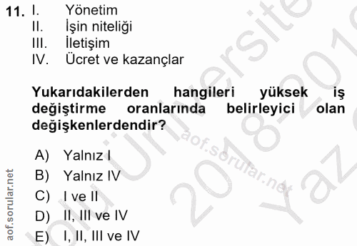 11. soru: I. Yönetim Il. İşin niteliği Sip Ill. İletişım IV. Ucret ve kazançlar Yukarıdakilerden hangileri yüksek degiştirme l…