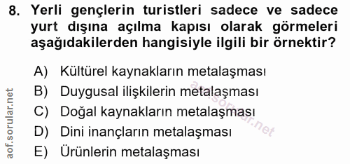 8. soru: Yerli gençlerin turistleri sadece ve sadece yurt dışına açılma kapısı olarak görmeleri aşağıdakilerden hangisiyle ilg…