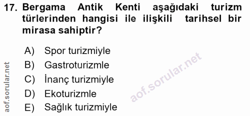 17. soru: Bergama Antik Kenti aşağıdaki turizm türlerinden hangisi ile ilişkili tarihsel bir mirasa sahiptir? A) Spor turizmiyl…