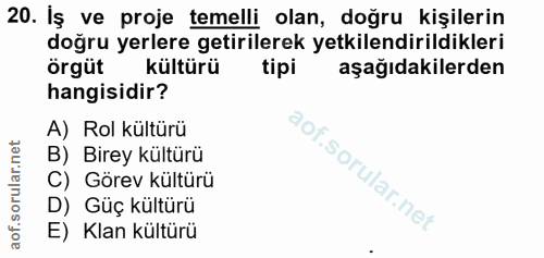 20. soru: Iş ve proje temelli olan, doğru kişilerin doğru yerlere getirilerek yetkilendirildikleri örgüt kültürü tipi aşağıdaki…
