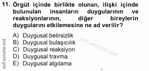 11. soru: Örgüt içinde birlikte olunan, ilişki içinde bulunulan insanların duygularının ve reaksiyonlarının, diğer bireylerin d…