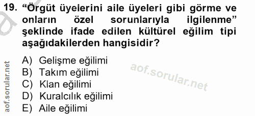 19. soru: "Örgüt üyelerini aile üyeleri gibi görme ve onların özel sorunlarıyla ilgilenme" şeklinde ifade edilen kültürel eğili…