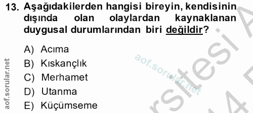 13. soru: Aşağıdakilerden hangisi bireyin, kendisinin dışında olan olaylardan kaynaklanan duygusal durumlarından biri değildir?…