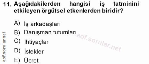 11. soru: Aşağıdakilerden hangisi iş tatminini etkileyen örgütsel etkenlerden biridir? A) İş arkadaşları B) Danışman tutumları…