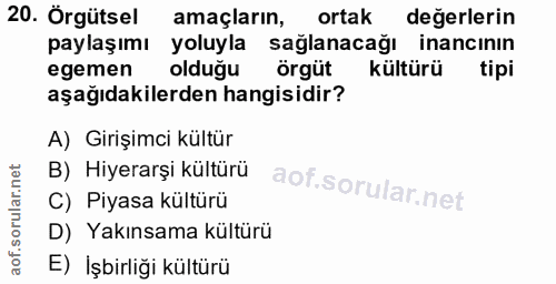 20. soru: Örgütsel amaçların, ortak değerlerin paylaşımı yoluyla sağlanacağı inancının egemen olduğu örgüt kültürü tipi aşağıda…